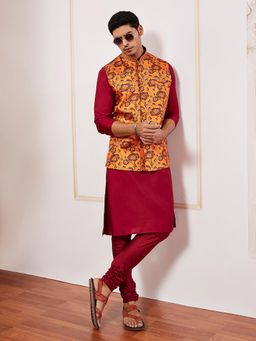 Vastramay - Men Silk Blend All Over Printed Kurta with Trouser and Nehru Jacket (Set of 3)