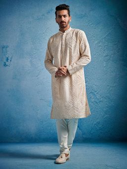 Vastramay - Men Cream Cotton Blend Embroidered Kurta with Trouser (Set of 2)