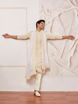 Vastramay - Men Cream Cotton Blend Embroidered Kurta with Trouser and Dupatta (Set of 3)