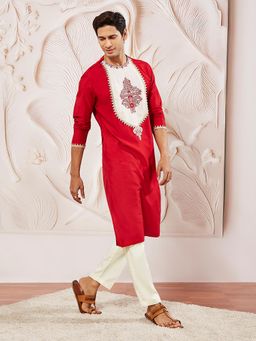 Vastramay - Men Red Viscose Embroidered Patch Work Kurta with Trouser (Set of 2)
