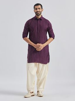 Vastramay - Men Silk Blend Foil Printed Shirt Collar Kurta with Patiala (Set of 2)
