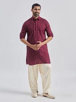 Vastramay - Men Silk Blend Foil Printed Shirt Collar Kurta with Patiala (Set of 2)