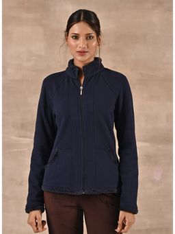 Lakshita - Navy Blue High-neck Jacket With Fur Details