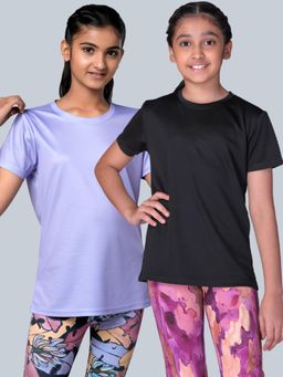 UMILDO - Girls Activewear Solid Lavender and Black T-shirts (Pack of 2)