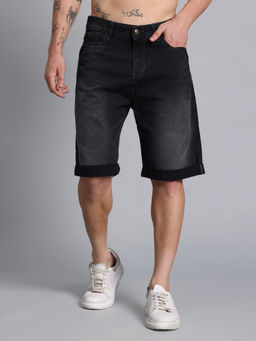VUDU - Washed Black Rolled-Hem Denim Shorts