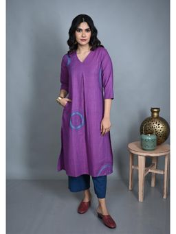 EARTHWEAR - Purple Hand Embroidered Handloom Cotton Kurta and Pant Set
