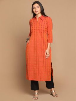 EARTHWEAR - Fire Checks Hand Embroidered Cotton Shirt Collar Kurta