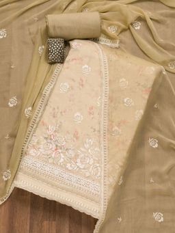 Koskii - Beige Threadwork Organza Unstitched Dress Material (Set of 3) (Set of Three)