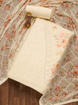 Koskii - Cream Threadwork Georgette Unstitched Dress Material (Set of 3) (Set of Three)