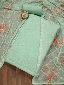 Koskii - Sea Green Threadwork Georgette Unstitched Dress Material (Set of 3) (Set of Three)