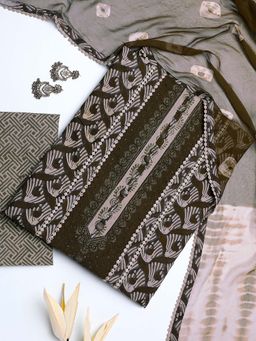 Libas - Brown Printed Unstitched Kurta with Bottom and Dupatta