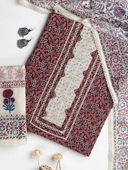 Libas - Red floral printed Unstitched Kurta with Bottom and Dupatta