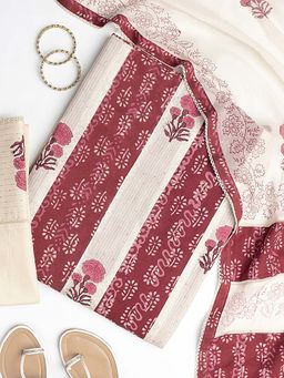 Libas - Brown floral printed Unstitched Kurta with Bottom and Dupatta