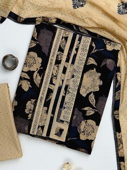 Libas - Black floral printed Unstitched Kurta with Bottom and Dupatta