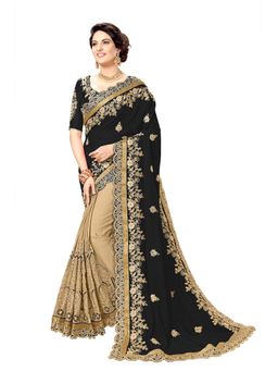 Trendmalls - Women Black Silk Satin Embroidery Saree with Unstitched Blouse