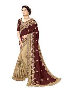 Trendmalls - Women Brown Silk Satin Embroidery Saree with Unstitched Blouse