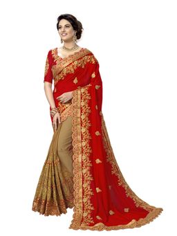 Trendmalls - Women Red Silk Satin Embroidery Saree with Unstitched Blouse