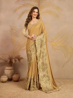Trendmalls - Women Gold Silk Satin Embroidery Saree with Unstitched Blouse