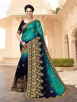 Trendmalls - Women Blue Silk Satin Embroidery Saree with Unstitched Blouse