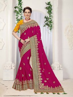 Trendmalls - Women Pink Silk Satin Embroidery Saree with Unstitched Blouse