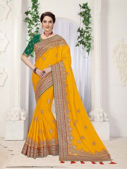 Trendmalls - Women Yellow Silk Satin Embroidery Saree with Unstitched Blouse
