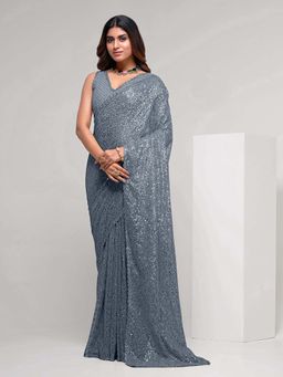 Trendmalls - Women Grey Heavy Georgette Sequins Work Saree with Unstitched Blouse