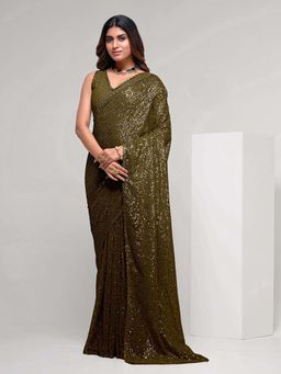 Trendmalls - Women Mehndi Heavy Georgette Sequins Work Saree with Unstitched Blouse