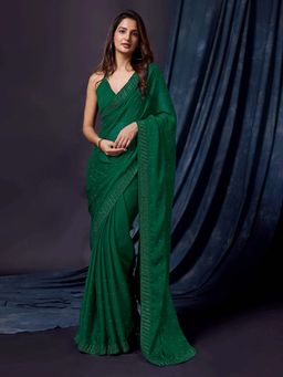 Trendmalls - Women Darkgreen Silk Satin Embroidery Saree with Unstitched Blouse