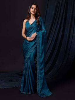 Trendmalls - Women Morpeach Silk Satin Embroidery Saree with Unstitched Blouse
