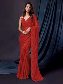 Trendmalls - Women Red Silk Satin Embroidery Saree with Unstitched Blouse