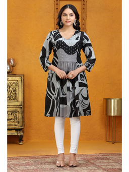 Cotton Culture - Black and Gray Slub Cotton Gathered Printed Kurta