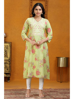 Cotton Culture - Green Slub Cotton A-Line Embroidered Kurta