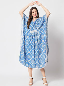 Odette - Women Pretty Blue Polyester Printed Stitched Kaftan Dress