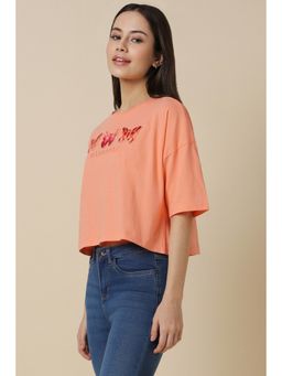 Allen Solly - Women Peach Print Casual Crop T-Shirt