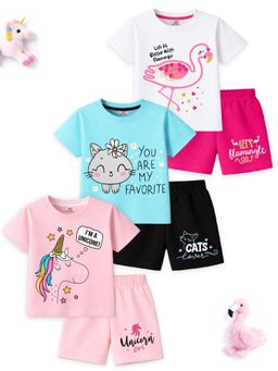 Kuchipoo - Multi-Color Girls Cotton T-Shirts and Shorts Set (Bsut-171) (Pack Of 3)
