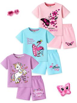 Kuchipoo - Girls Cotton T-Shirts and Shorts Set (Bsut-174) (Pack Of 3)