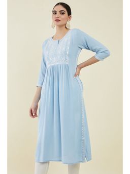 Soch - Powder Blue Rayon Gathered Kurta with Embroidered Designs