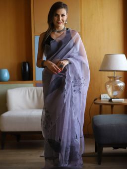 Odette - Grey Organza Printed Saree with Unstitched Blouse