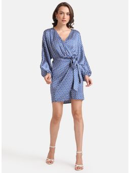 Kazo - Multi-color Geometric Printed Wrap Satin Mini Dress