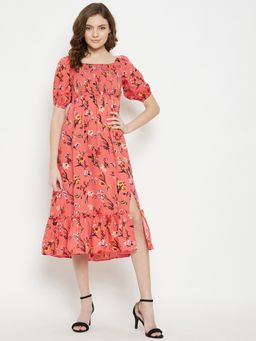 Uptownie - Women Crepe Printed Smocked Midi Dress - Peach