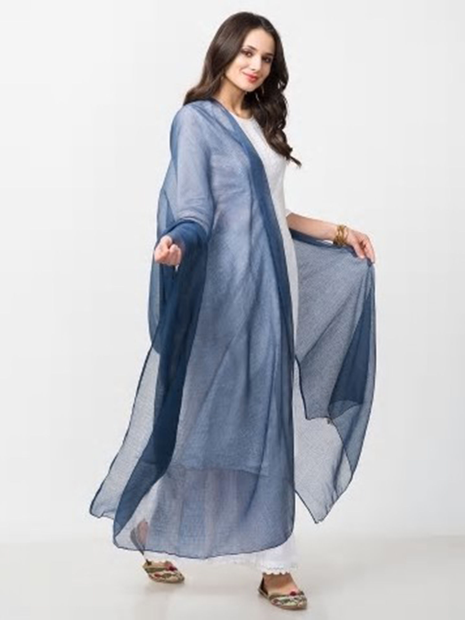 Blue Cotton Silk Kota Woven Plain Dupatta-image-1