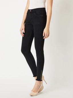 DOLCE CRUDO - Womens Black Slim Fit High Rise Zipper Raw Edge Stretchable Denim Jeans
