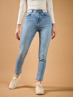DOLCE CRUDO - Womens Light Blue Slim Fit High Rise Twill Tape Denim Stretchable Jeans