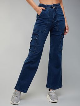 DOLCE CRUDO - Womens Blue Wide Leg High Rise Clean Look Stretchable Cargo Denim Jeans