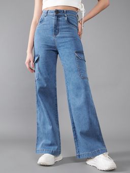 DOLCE CRUDO - Womens Blue Wide Leg High Rise Stretchable Cargo Denim Jeans