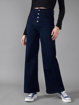 DOLCE CRUDO - Womens Navy Blue Wide Leg High Rise Clean Look Stretchable Denim Jeans