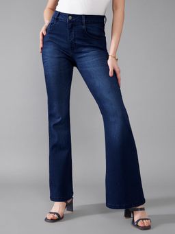 DOLCE CRUDO - Womens Navy Blue High Rise Clean Look Stretchable Flared Denim Jeans