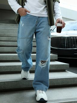 Bewakoof - Men's Blue Washed Baggy Fit Distressed Cargo Mid-Rise Jeans