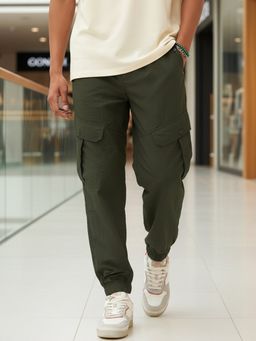 Bewakoof - Men's Olive Green Super Loose Fit Nylon Cargo Jogger Pants