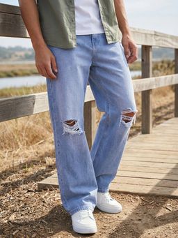 Bewakoof - Men's Light Blue Washed Baggy Fit Distressed Mid-Rise Jeans